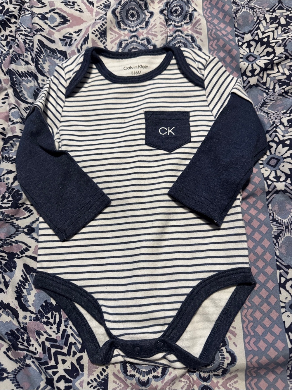Calvin Klein Navy & White Striped Long-Sleeve Baby One-Piece